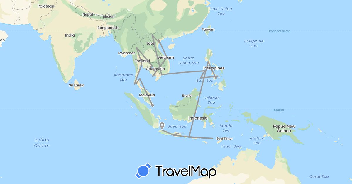 TravelMap itinerary: plane in Indonesia, Cambodia, Philippines, Singapore, Thailand, Vietnam (Asia)